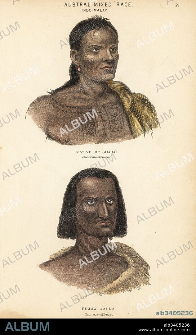 Tattooed man of Halmahera (Gilolo), Maluku Islands (Moluccas), and Berilla, an Edjow Galla, Abyssinia (Caucaso-Ethiop). Copied from an illustration in Henry Salt's A Voyage to Abyssinia, 1814. Handcoloured steel engraving by Lizars after an illustration by Charles Hamilton Smith from his Natural History of the Human Species, Edinburgh, W. H. Lizars, 1848.
