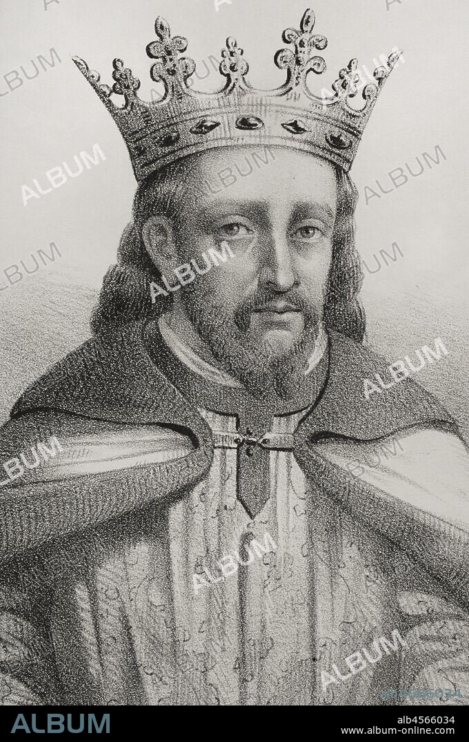 Alfonso I de Aragón (1073-1134) "el Batallador". Rey de Aragón y Pamplona (1104-1134). Participó activamente en la Reconquista contra los musulamanes en la zona del valle del Ebro. Dibujo por Llanta. Detalle. Litografía. Crónica General de España. Historia Ilustrada y Descriptiva de sus Provincias. Aragón, 1866. Biblioteca Histórico Militar de Barcelona, Cataluña, España.