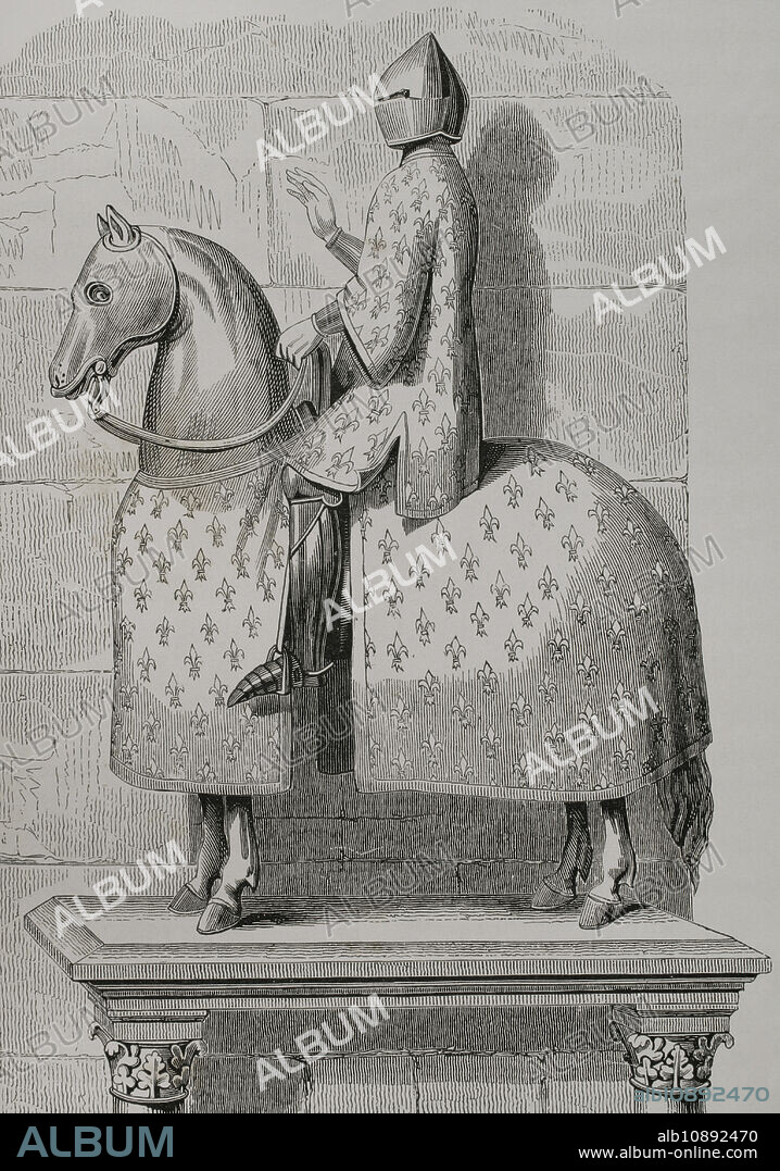 Felipe IV (1268-1314). Rey de Francia (1285-1314), llamado Felipe el Hermoso. El rey Felipe IV en traje de guerra en su entrada a París, en 1304, tras haber derrotado a las comunas de Flandes. Estatua ecuestre que se encontraba en el coro de Notre-Dame de París, destruida en 1772. Grabado. Facsímil de una xilografía en "Cosmographie universelle" de André Thevet, 1575. "Moeurs, usages et costumes au moyen-âge et à l'époque de la Renaissance", por Paul Lacroix. París, 1878.