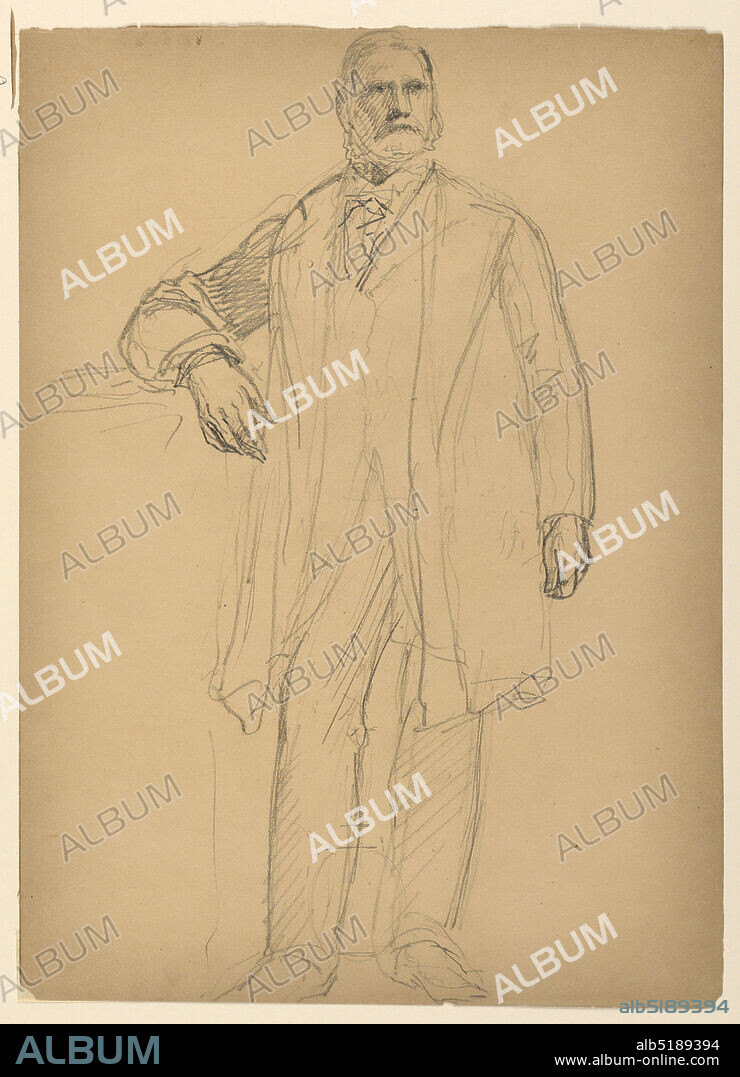 President Chester Alan Arthur Standing, Daniel Huntington, American, 18161906, Graphite on light brown wove paper Verso: Graphite and white chalk, Full-length standing male figure with right elbow resting on a ledge or mantel., USA, USA, 1884, portraits, Drawing, Drawing.