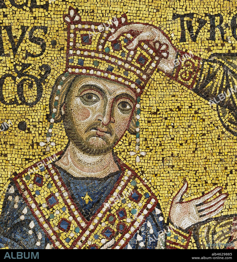 Monreale Cathedral, transept: the Byzantine mosaic which depicts King William II crowned by Christ. Detail with the portrait of William II.. The mosaics of the Cathedral were made between the twelfth and mid-thirteenth century by partly local and partly Venetian workers, trained at the Byzantine school.