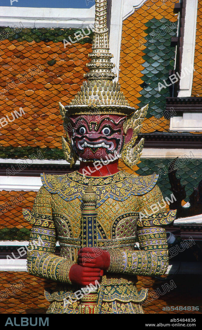 Yaksha is the name of a broad class of nature-spirits, usually benevolent, who are caretakers of the natural treasures hidden in the earth and tree roots. They appear in Hindu, Jain and Buddhist mythology. The Ramakien is the Thai version of the Indian epic, the Ramayana or the 'Romance of Rama', and has an important influence on Thai literature, art and drama. It is regarded as the National Epic of Thailand. Wat Phra Kaew (Temple of the Emerald Buddha); full official name Wat Phra Si Rattana Satsadaram is regarded as the most sacred Buddhist temple in Thailand. It is located within the precincts of the Grand Palace. The Grand Palace served as the official residence of the Kings of Thailand from the 18th century onwards. Construction of the Palace began in 1782, during the reign of King Rama I, when he moved the capital across the river from Thonburi to Bangkok.