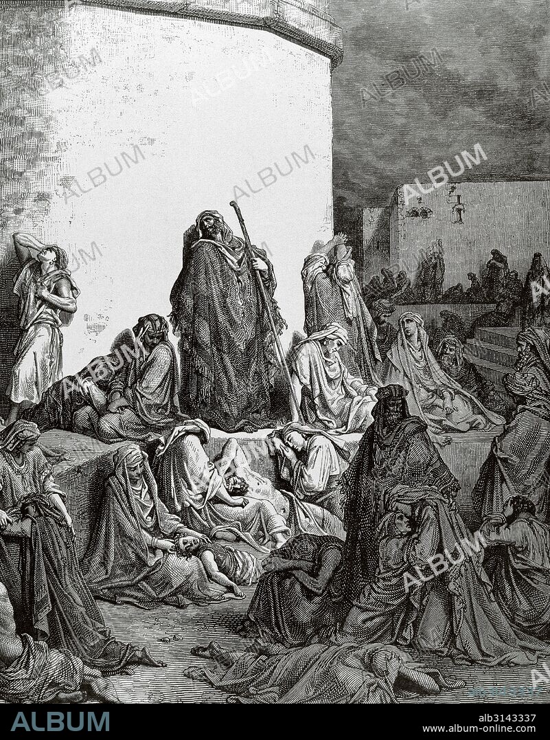 Siege and looting of Jerusalem and destruction of the temple (587 B.C.) by the Babylonian king Nebuchadnezzar II (634-562 B.C) who reigned between 605-562 B.C. Book of Jeremiah. Drawing by Gustave Dore. Engraving by A. Beltrame.