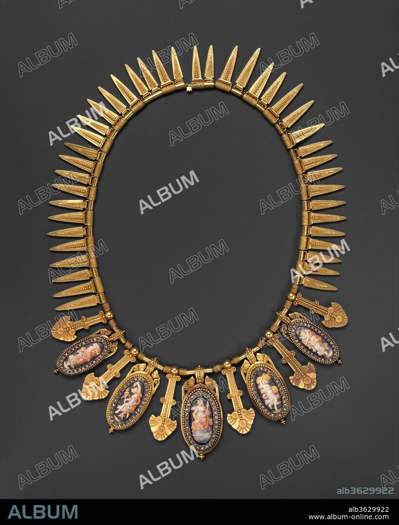 EUGÊNE FONTENAY. Necklace. Artist: Eugêne Fontenay (French, 1823-1887). Culture: French, Paris. Dimensions: L. 16-3/8 in. (41.6 cm.). Date: ca. 1870.
This gold chain has five oval enameled pendants depicting personifications of Europe and the Seasons. Each oval is framed in diamonds interspersed with long stylized palmette-shaped pendants, and forty-one leaf-shaped pendants, decorated with granulation and wirework suspended from alternately plain and coiled tubular links.
The use of granulation and images of classical maidens, as well as the overall organization, demonstrate the designer's dependence upon ancient Greek gold jewelry for inspiration. Like the Castellani firm in Rome, Eugène Fontenay reproduced jewelry in ancient Greek, Roman, and other historical styles. However, not only did Fontenay copy period originals, he also took motifs from these styles and, with them, created original designs.