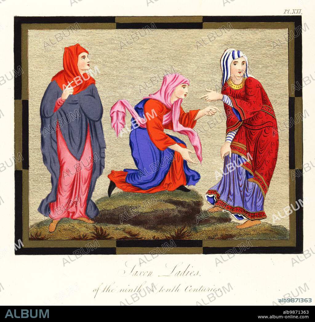 Anglo Saxon woman in mantle, and woman wearing her veil crossed from Prudentius, Cotton MS Cleopatra C viii, and woman in a tunic with embroidered border from Gregory's Book of Job, Royal MS C vi. Saxon ladies of the 9th and 10th centuries. Handcoloured engraving by Joseph Strutt from his Complete View of the Dress and Habits of the People of England, Henry Bohn, London, 1842.
