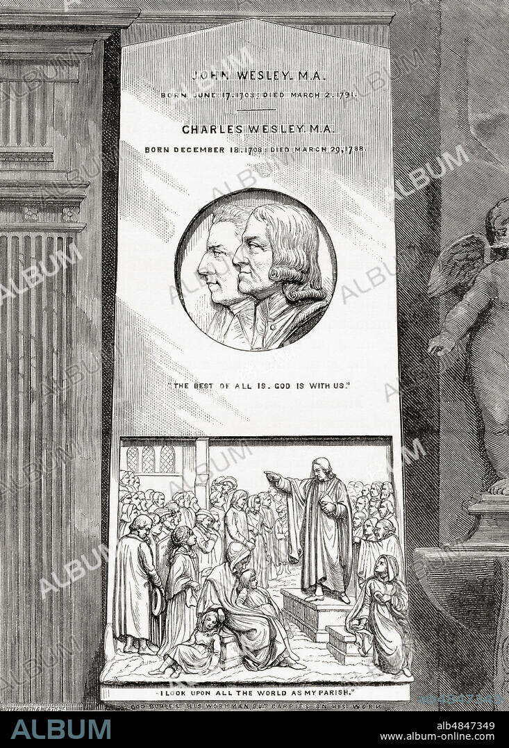 The monument to the Wesleys in the nave of Westminster Abbey, City of Westminster, London, England.  John Wesley, 1703-1791.  English cleric and theologian.  Charles Wesley, 1708 - 1788.  English leader of the Medthodist Movement.  From London Pictures, p.