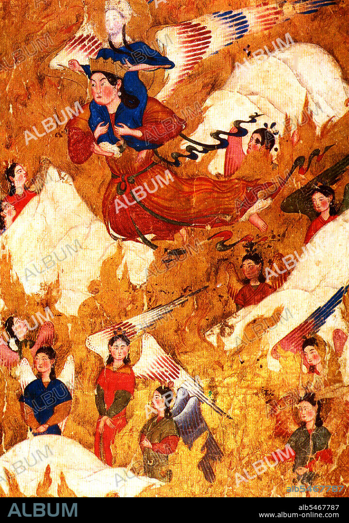 The Isra and Mi'raj, are the two parts of a Night Journey that, according to Islamic tradition, the Prophet Muhammad took during a single night around the year 621. It considered as both a physical and spiritual journey. A brief outline of the story is related in surah 17 'Al-Isra' of the Qur'an, and other details come from the Hadith, supplemental accounts of the life ofthe Prophet Muhammad recorded by his companions. In the journey, the Prophet Muhammad travels on the celestial mount Al-Buraq to 'the farthest temple' (Holy Temple of Al-Quds or Jerusalem) where he leads other prophets in prayer. He then ascends through the seven heavens where he speaks to God, who gives Muhammad instructions to take back to the faithful on Earth about the number of times to offer prayers each day. According to traditions, the Journey is associated with the Lailat al Miraj, as one of the most significant events in the Islamic calendar. Representations of the Prophet Muhammad are controversial, and generally forbidden in Sunni Islam (especially Hanafiyya, Wahabi, Salafiyya). Shia Islam and some other branches of Sunni Islam (Hanbali, Maliki, Shafi'i) are generally more tolerant of such representational images, but even so the Prophet's features are generally veiled or concealed by flames as a mark of deep respect.