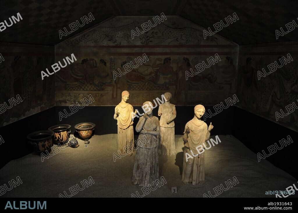 Etruscan Art. Reconstruction of the Tomb of the Leopards in Tarquinia, C. 460 B.C. Walls and ceiling are copies (made in 1898) of the original wall paintings. Drinking cup and bowls for wine and water. 4th century B.C. Mouring women. 3rd century B.C.  Ny Carlsberg Glyptotek. Copenhagen. Denmark.
