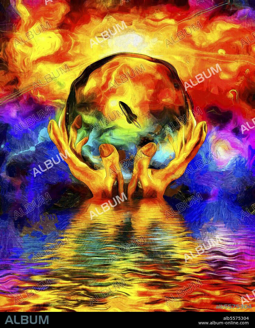Surreal painting. Crystal ball in hands. Colorful universe reflects in the water.