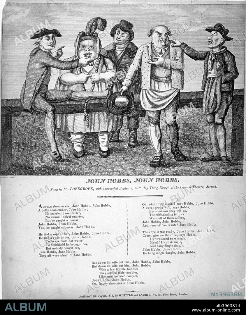 'John Hobbs, John Hobbs', 1811. Scene of John Hobbs trying to sell his wife at Smithfield Market.