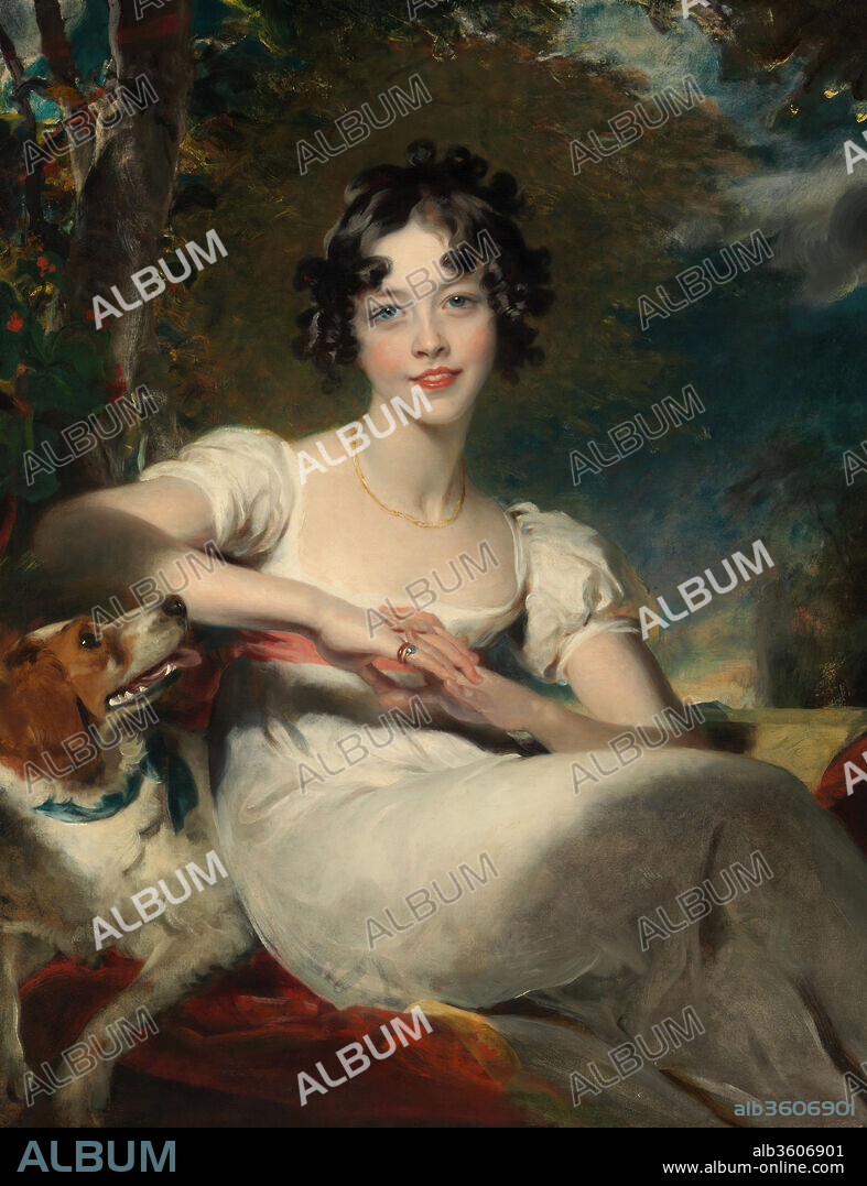 Lady Maria Conyngham (died 1843). Artist: Sir Thomas Lawrence (British, Bristol 1769-1830 London). Dimensions: 36 1/4 x 28 1/4 in. (92.1 x 71.8 cm). Date: ca. 1824-25.
Lady Maria's father was created Marquess Conyngham in the peerage of Ireland in 1816. This was through the influence of his wife, Elizabeth, who in 1820 became the final mistress of the future King George IV of England. Husband and wife were in constant attendance at court. Between 1823 and 1826 the Marchioness and her three children sat for Sir Thomas Lawrence, the leading portraitist of the era. George IV was fond of Maria Conyngham and the present portrait hung for a time in his bedroom at one of the royal residences, St. James's Palace. The composition of the girl's portrait is elegant and the paint is applied to the canvas in broad, creamy strokes, with great assurance. However Lawrence was not greatly interested in drawing and her fingers are oddly jointed and disproportionately long.