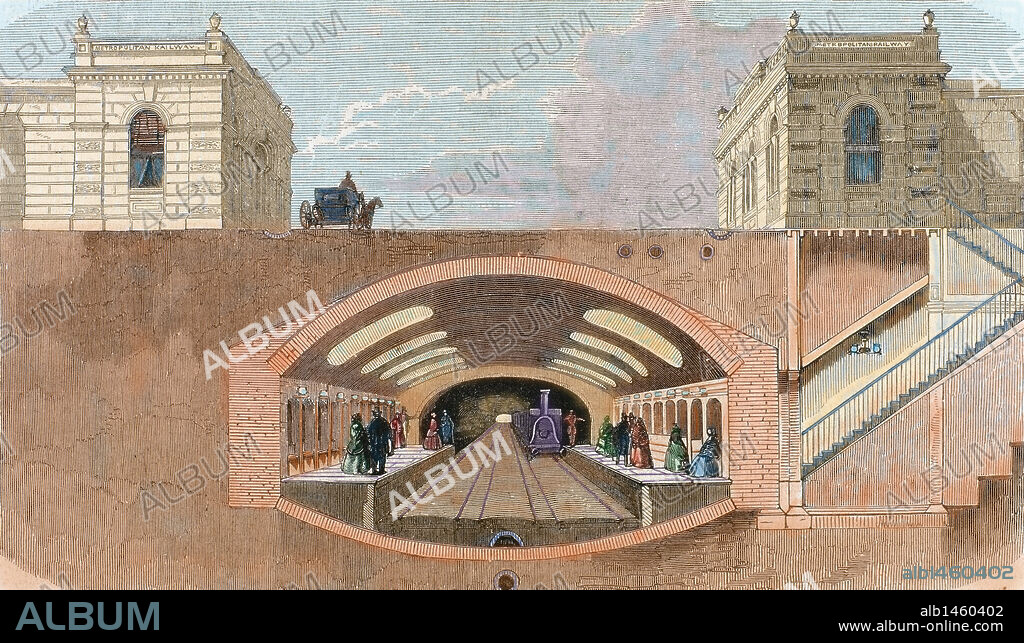 HISTORIA DEL TRANSPORTE. METRO O METROPOLITANO DE LONDRES. Fue construido entre 1853 y 1863. Grabado con la representación de la sección de una estación subterránea. Inglaterra. Grabado coloreado de "L'Univers Illustré". Finales del siglo XIX.