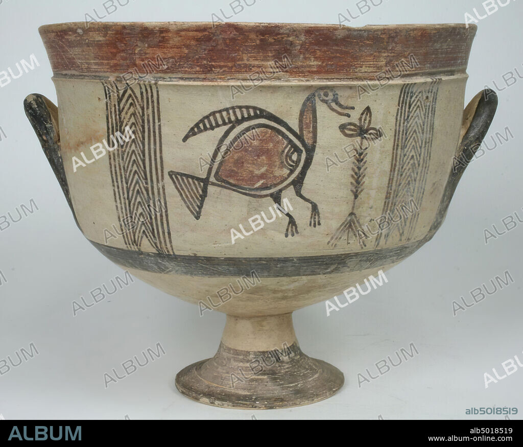 Cypro-geometric III, bichrome III stemmed bowl. Decoration of bird., Vase, bowl, earthenware, geometric, cyprisch-geometrical III, bichrome III, 17 cm, ø 23 cm, Cypriot, geometric III -850.