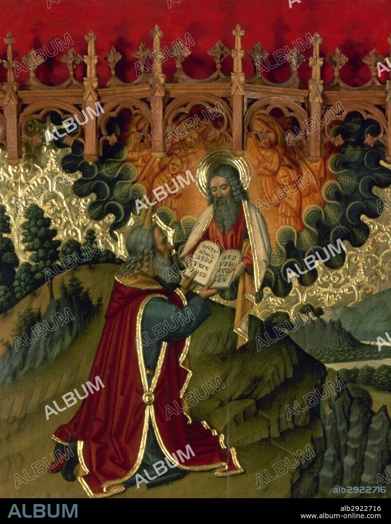 HISTORIA DEL ANTIGUO TESTAMENTO. "MOISES RECIBE DE DIOS LAS TABLAS DE LA LEY, EN EL MONTE SINAI". Detalle de una de las pinturas pertenecientes al RETABLO DE LA TRANSFIGURACION, realizado durante la segunda mitad del siglo XV por el taller de Jaume Huguet. Catedral de Tortosa. Provincia de Tarragona. Cataluña.