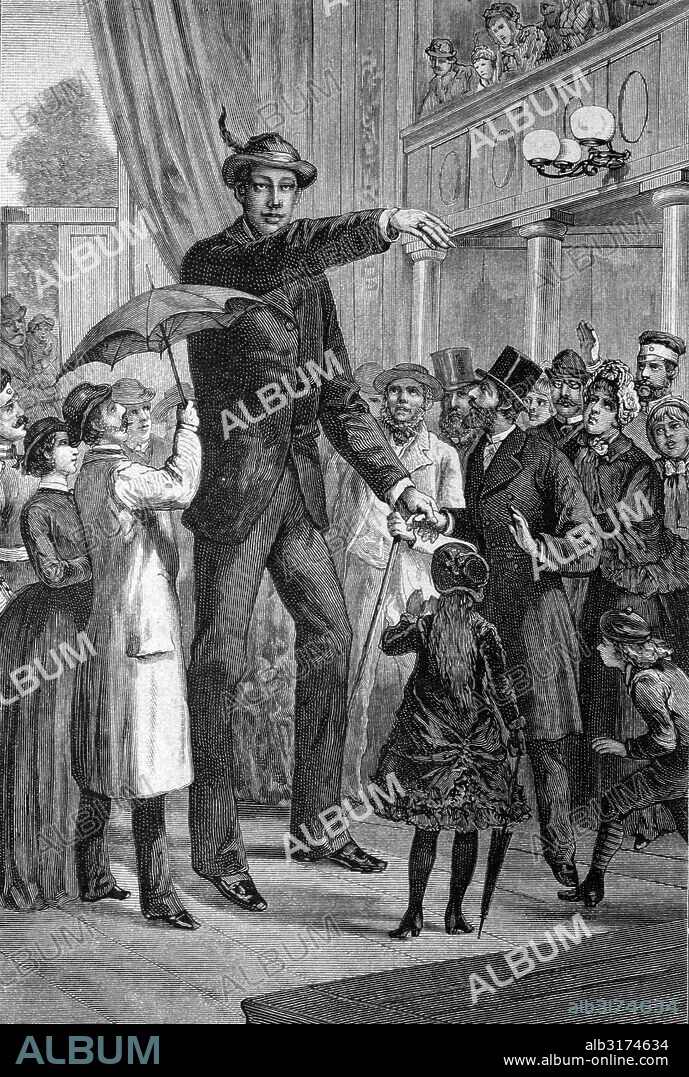 Giant franz winkelmeier, at 2, 58m the tallest man of his time 1860 - 1887, at the concordia theater in berlin, germany, historical illustration, circa 1886.