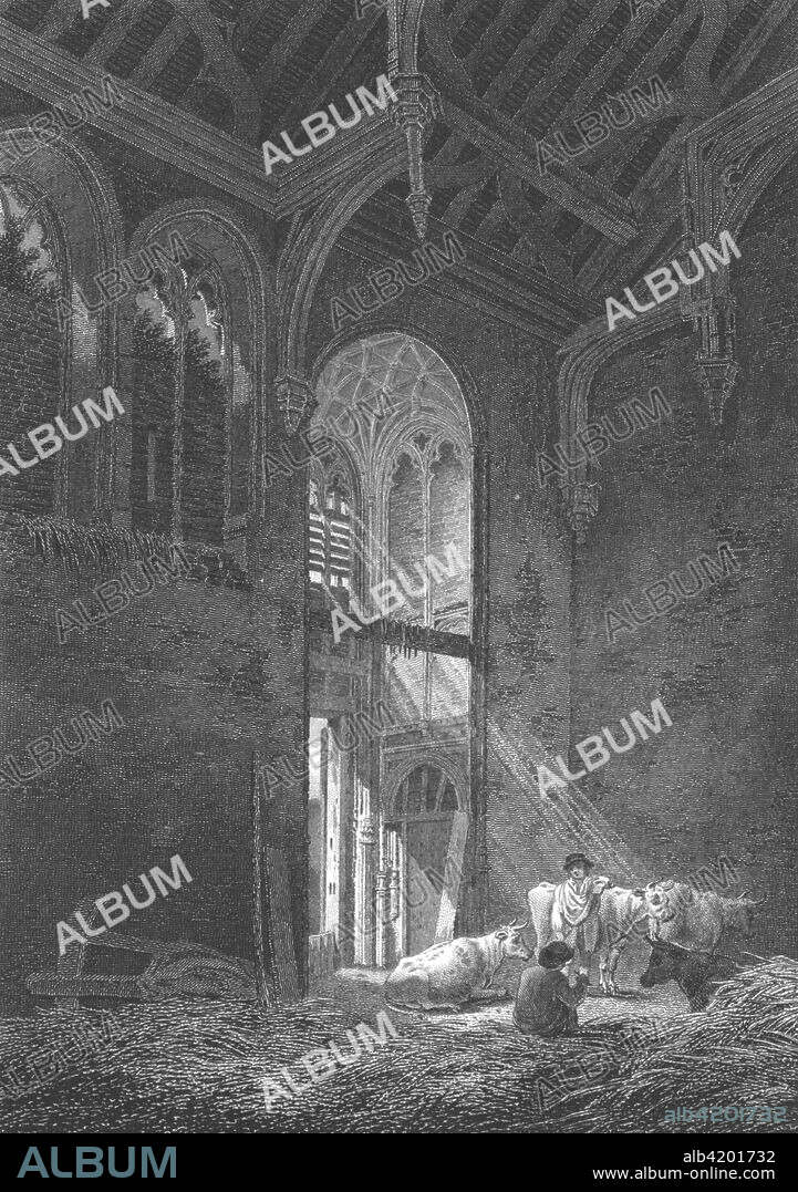 The Great Hall, Eltham Palace, Kent, 1804. Eltham Palace (now in Greater London), was founded as a medieval royal palace, but fell into disrepair until the ruins were converted into a private house for the Courtauld family in the 1930s. The Great Hall, seen here being used as a barn for cattle, was built in the 15th century during the reign of Edward IV. Published May 1st 1804 by Vernor & Hood.