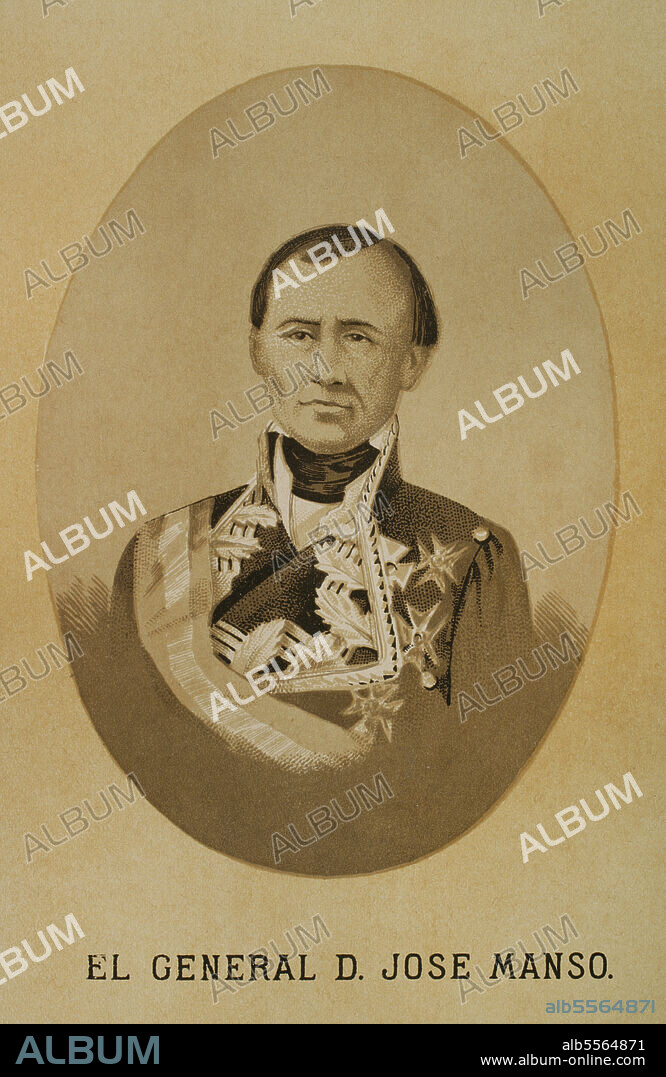 José Manso y Solá (1785-1863). Conde de Llobregat. Militar español que sirvió en los ejércitos de Fernando VII e Isabel II, participando en la guerra de la independencia y en la Primera Guerra Carlista. Retrato. Historia de la Revolución Española (desde la Guerra de la Independencia a la Restauración en Sagunto), por Vicente Blasco Ibáñez. Tomo I. Publicado en Barcelona, 1890.