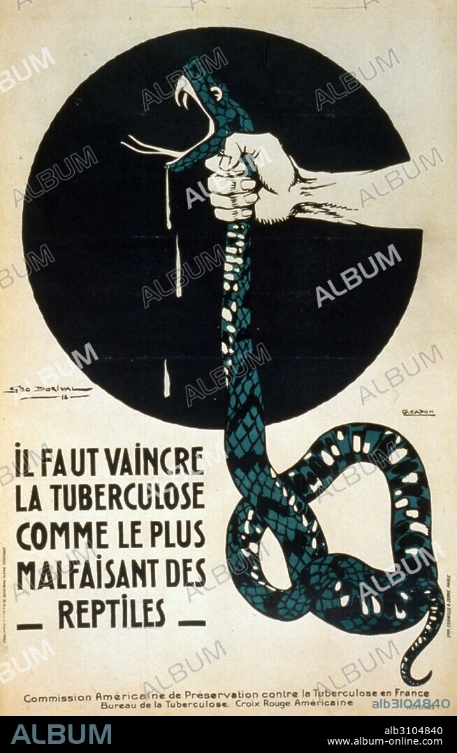 GEO DORIVAL. French World War One propaganda poster titled 'We Must Conquer' depicting a hand squeezing the throat of a snake, with the snake's venom dripping out. Created by Géo Dorival (1879-1968) French poster artist. Dated 1918.