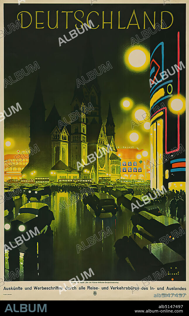 Jupp Wiertz, Germany - Berlin by night, paper, lithography, type printing, total: height: 101 cm; width: 63,5 cm, signed: recto u. r. im Druck: JUPP WIERTZ, tourism posters, city, city view (veduta), urban life, streets and squares.