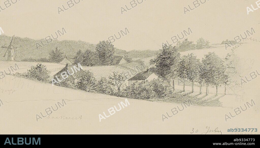 Page 10 verso from a sketchbook with 33 pages, Arable land with houses and a mill near Groesbeek, Anna Catharina Maria van Eeghen (possibly), 1901.