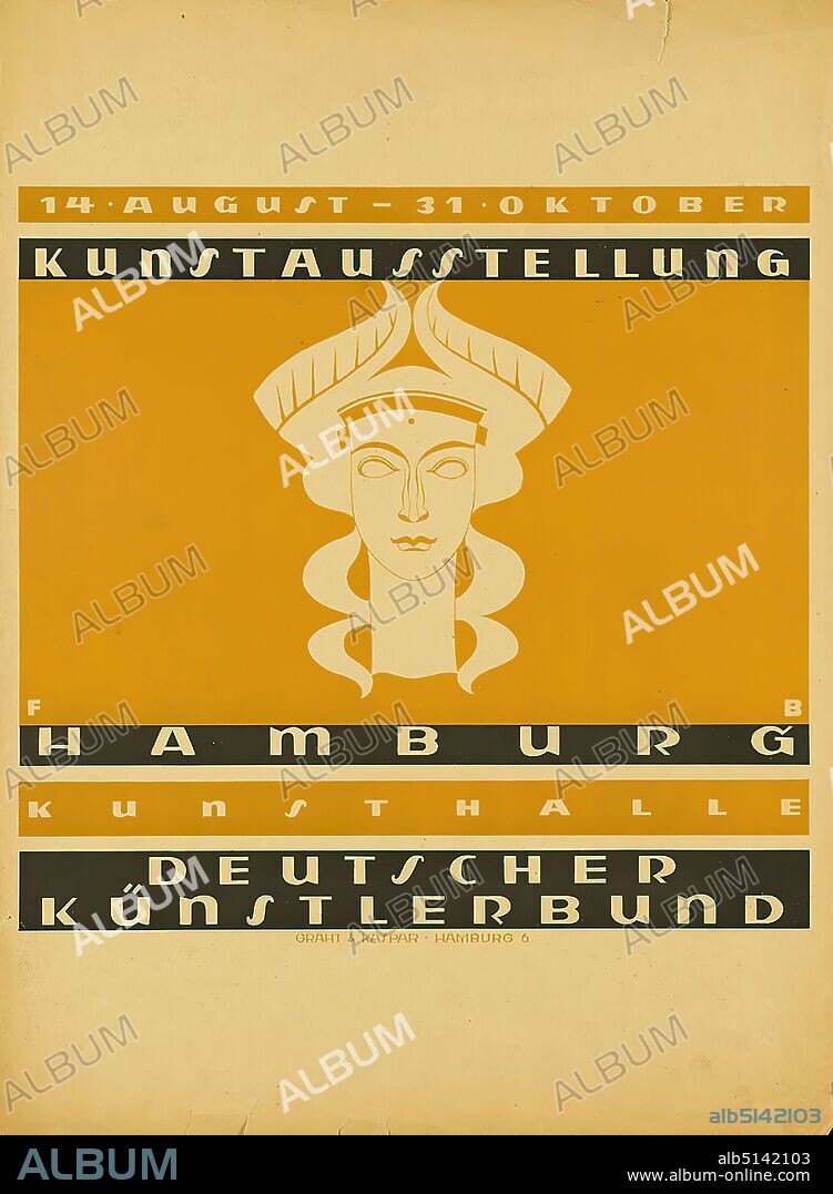 Graht & Kaspar Hamburg, Fritz Behnke, art exhibition Kunsthalle Hamburg - Deutscher Künstlerbund, line etching, total: height: 59 cm; width: 43 cm, monogrammed: lower right and left: F B, exhibition posters, head, face, art, sculpture, sculpture, sculpture art, art exhibition.