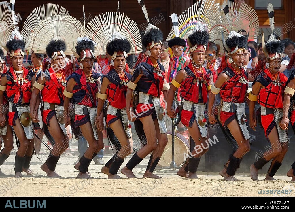 Tribal ritual dance at the Hornbill Festival, Kohima, Nagaland, India, Asia.