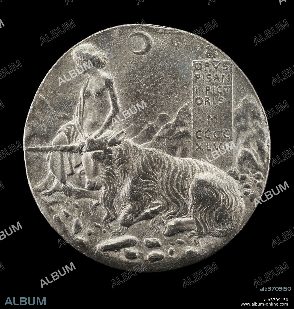 PISANELLO. Innocence and Unicorn in a Moonlit Landscape [reverse]. Dated: 1447. Dimensions: overall (diameter): 8.66 cm (3 7/16 in.)  gross weight: 215.56 gr (0.475 lb.)  axis: 12:00. Medium: lead.