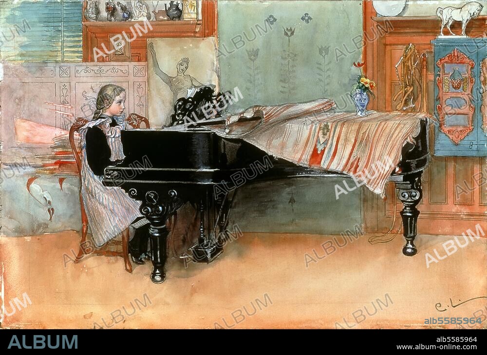 CARL LARSSON. Larsson, Carl 1853-1919. "Suzanne at the Clavier" or "The Scales". Watercolour heightened with bodycolour, 36 × 52cm. No date. London, Sotheby's. Lot 34, 14/03/89.