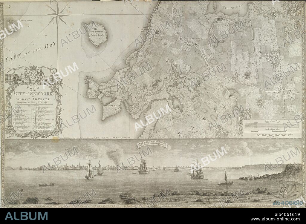 BERNARD RATZER. Plan of the City of New York, in North America: surveyed in the years 1766 & 1767... A South West View of the City of New York, taken from the Government Island. . Plan of the City of New York, in North America: surveyed in the years 1766 & 1767. To His Excellency Sir Henry Moore, Bart ... This Plan of the City of New York and its environs, survey'd and laid down. Is ... dedicated, by ... B. Ratzer ... Thos. Kitchin sculpt., etc. Scale of one mile[ = 16 2/5 mm.]. A South West View of the City of New York, taken from the Government Island. London : Jefferys & Faden, Jany. 12, 1776. 2 Sh. 894 x 600 mm.; Scale of one mile[ = 16 2/5 mm]. Source: Maps K.Top.121.36.b.