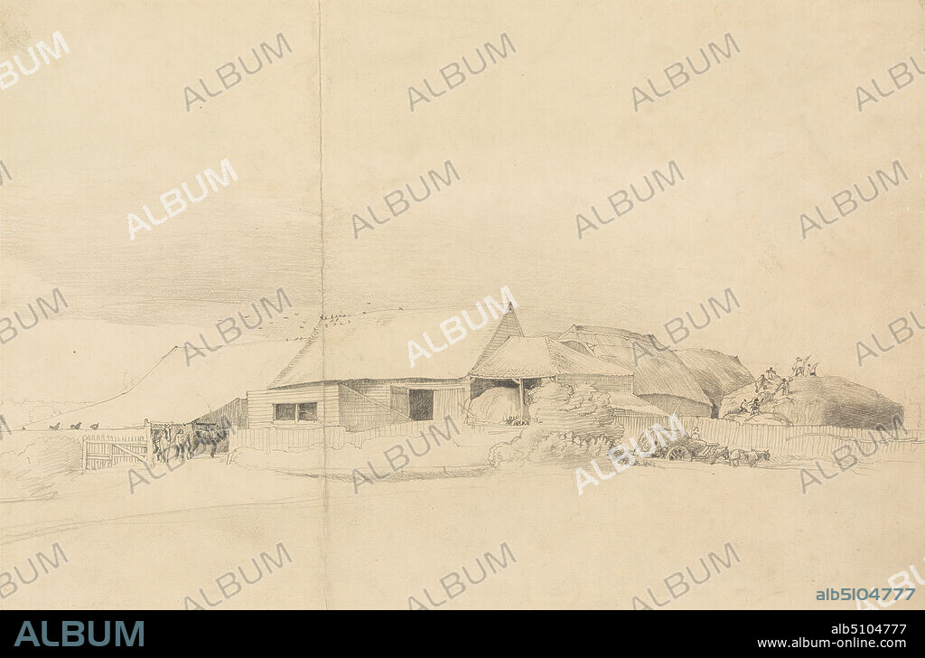Farm Buildings with Stack Makers, Cornelius Varley, 17811873, British, ca. 1810, Graphite on medium, cream, slightly-textured wove paper, Sheet: 8 1/4 x 12 1/2 inches (21 x 31.8 cm), architectural subject, birds, bushes, carts, chickens, farmers, genre subject, hay, horses (animals), laborers, landscape.