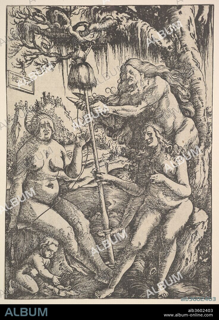 The Three Fates: Lachesis, Atropos and Klotho. Artist: Hans Baldung (called Hans Baldung Grien) (German, Schwäbisch Gmünd (?) 1484/85-1545 Strasbourg (Strassburg)). Dimensions: Sheet: 8 9/16 × 6 13/16 in. (21.8 × 17.3 cm). Date: 1513.