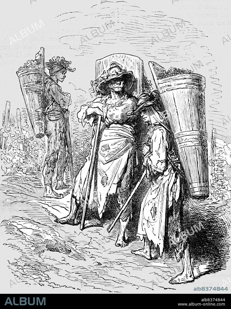 GUSTAVE DORÉ. 'Peasants in the Vineyards of Val De Penas; An Autumn Tour in Andalusia', 1875. From, 'Illustrated Travels' by H.W. Bates. [Cassell, Petter, and Galpin, c1880, London] Belle Sauvage Works.London E.C.