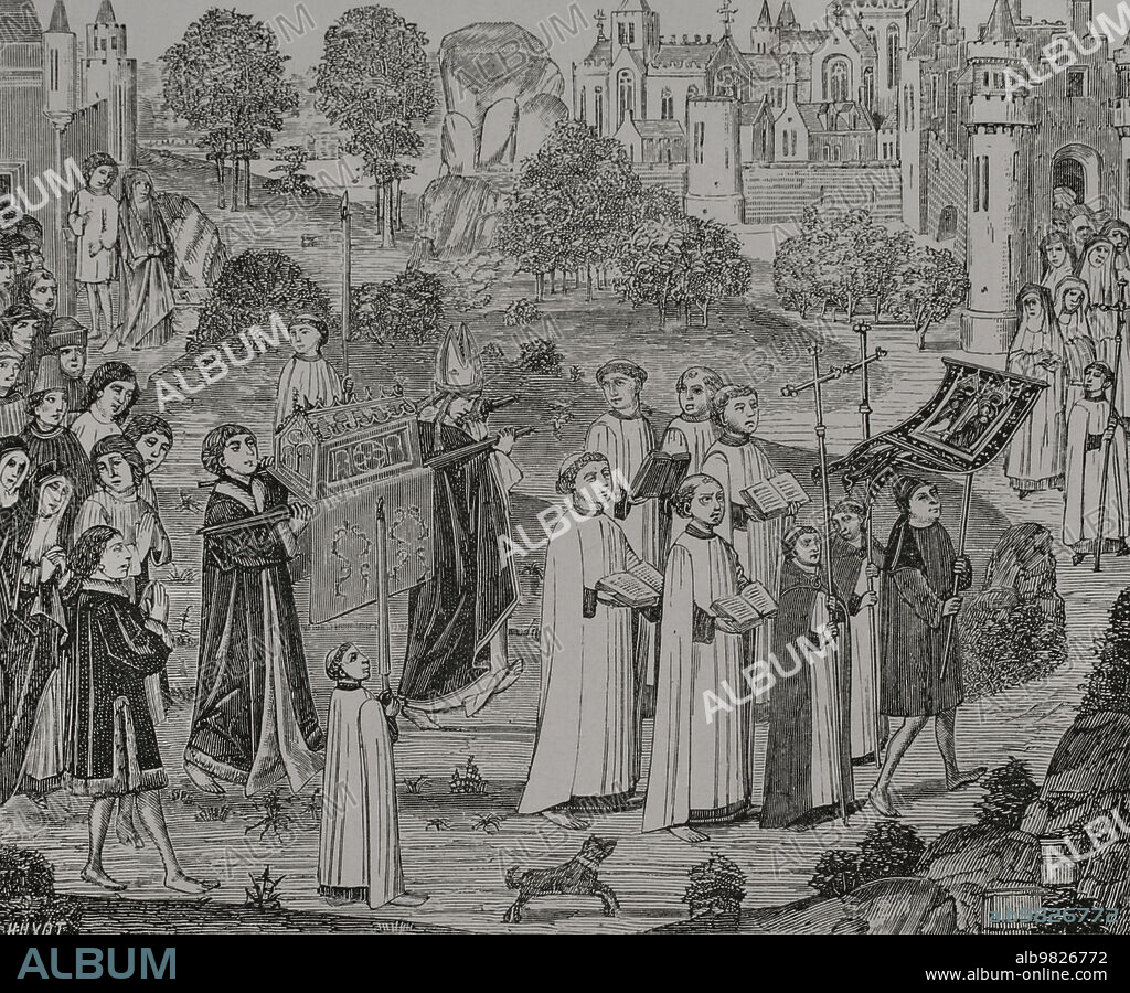 El conde Renier traslada las reliquias de Santa Verónica a la Colegiata de Santa Waudru, en la ciudad de Mons. Grabado por Huyot a partir de una miniatura en "Chroniques de Hainaut", 1446-1448. "Vie Militaire et Religieuse au Moyen Age et à l'Epoque de la Renaissance". París, 1877.