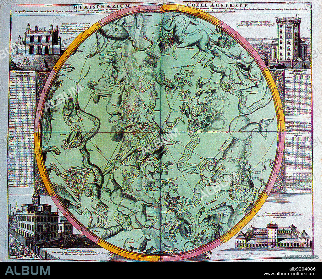 Illustration of constellations of the southern hemisphere from Johann Gabriel Doppelmayr's Atlas Coelestis, 1742. Parts of the creatures of the zodiac may be seen, together with emblems of other constellations. In the corners are the observatories of Greenwich (founded in 1666), Copenhagen (1642), Kassel (1714) and Berlin (1711). Engraved between 1716 and 1724.