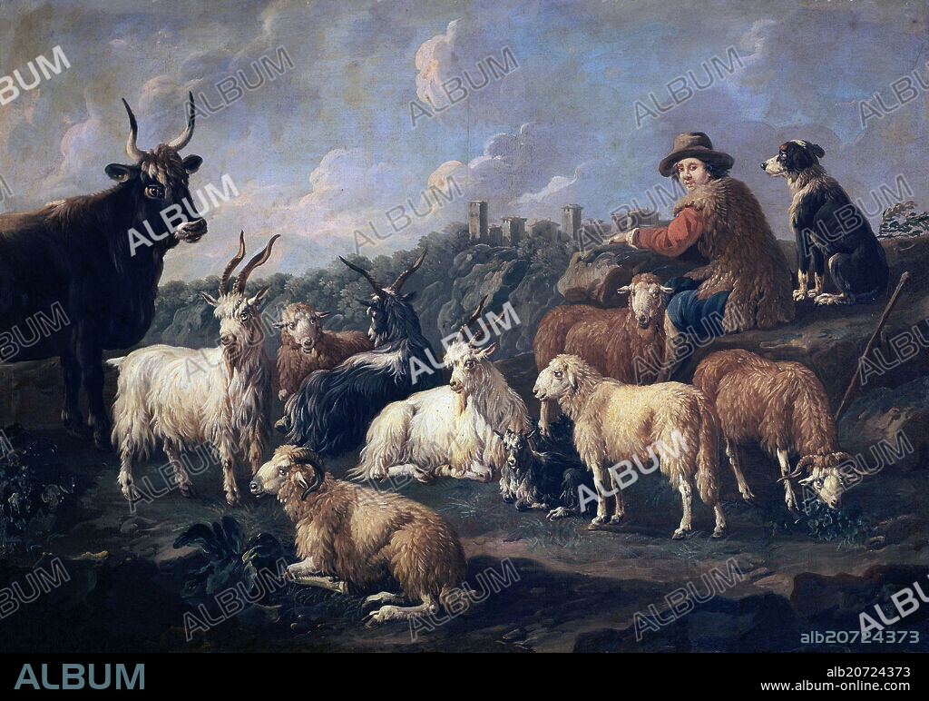 PHILIPP PETER ROOS (1657-1706) ROSA DE TIVOLI. PASTOR CON GANADO - SIGLO XVII - OLEO/LIENZO - 94x130 cm - ESCUELA ALEMANA - NP 2208.