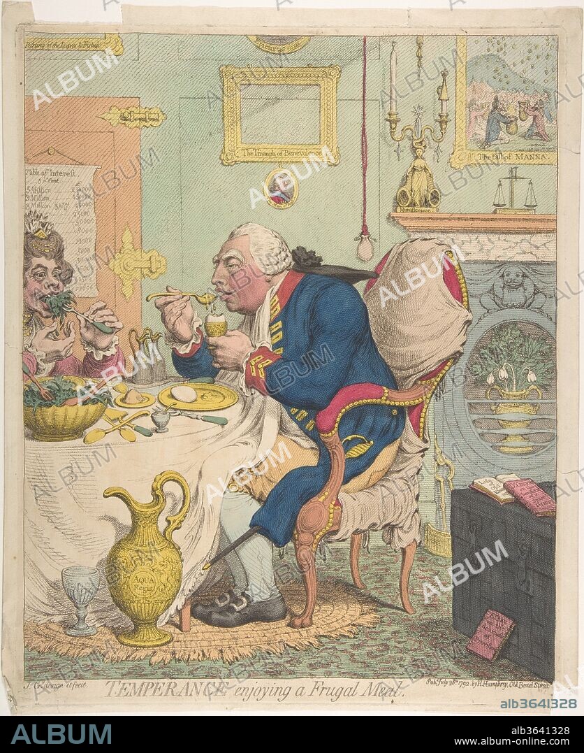 Temperance Enjoying a Frugal Meal. Artist: James Gillray (British, Chelsea 1756-1815 London). Dimensions: sheet: 14 3/4 x 12 3/16 in. (37.5 x 30.9 cm). Publisher: Hannah Humphrey (London). Date: July 28, 1792.