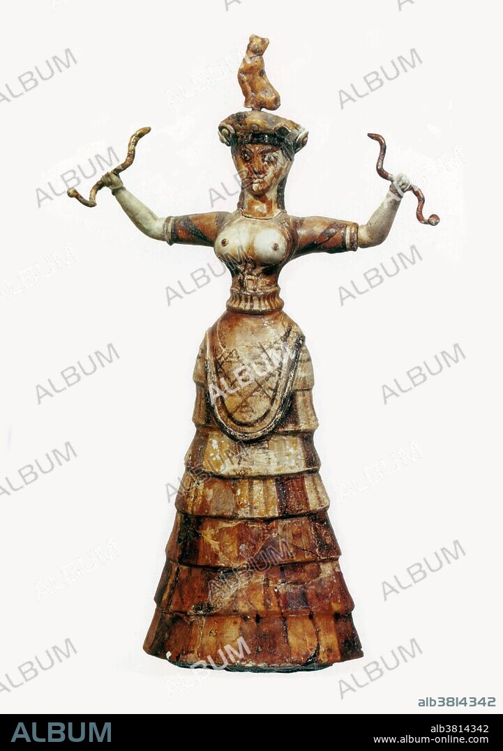 Minoan figurine from about 1600 BC. The Minoan was a Bronze Age civilization which existed on the island of Crete from around 2700 BC to the first millenium BC. Minoan society is thought to have been matriarchal; their religion exalted female deities such as this "Snake Goddess".