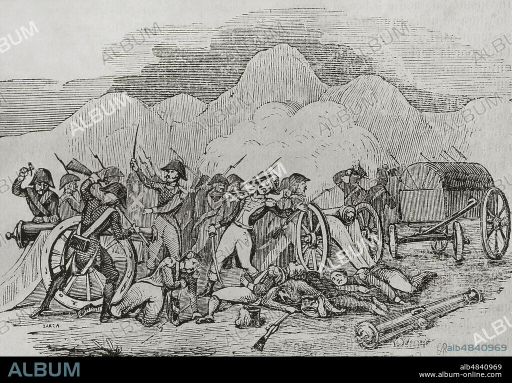 Guerra del Rosellón, también llamada Guerra de los Pirineos o Guerra de la Convención, (1793-1795). Conflicto entre la España de Carlos IV y la Primera República Francesa. Hazaña inmortal del capitán Manuel José Pineda, enero de 1795. Tras la reorganización de las tropas españolas por el general Urrutia, se ordenó al capitán Pineda sorprender a un parque de artilleria de reserva del ejército francés, en el Pla del Coto, situado entre Bellegarde y Figueras, con un contingente de voluntarios catalanes y 200 somatenes, alcanzó la retaguardia del ejército francés, atacándola a bayoneta y pereciendo en la contienda el propio capitán Pineda. Grabado. "Historia del Levantamiento, Guerra y Revolución de España", por el conde de Toreno. Madrid,1851.