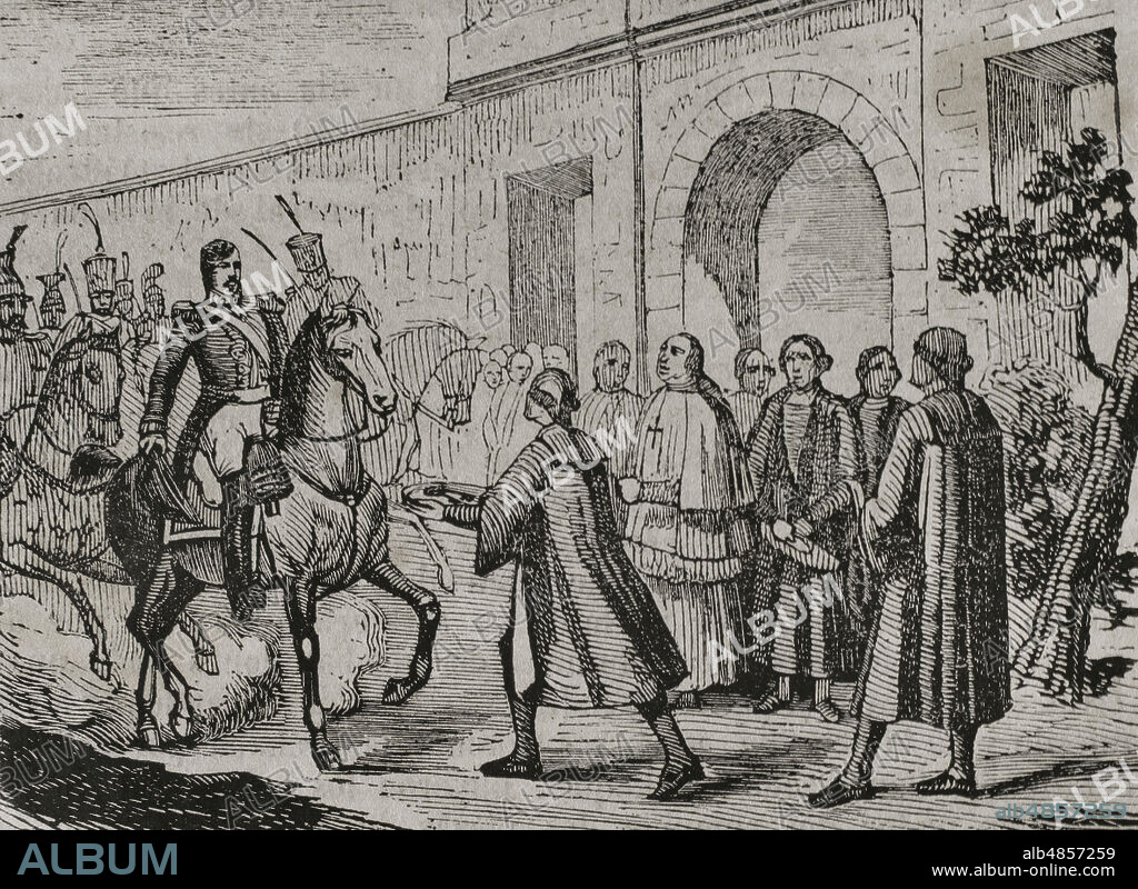 Guerra de la Independencia Española (1808-1814). Tras la Batalla de Cabezón de Pisuerga, cerca de Valladolid, el 12 de junio de 1808, los intentos del general De La Cuesta de cortar las comunicaciones entre Madrid e Irún fracasaron. La tropas napoleónicas doblaban en número a la españolas, tomando Lasalle de inmediato la ciudad de Valladolid. El general francés Lasalle invitó a Cuesta a deponer las armas y reconocer la autoridad francesa, prometiendo tratar con clemencia a los habitantes si se sometían. El obispo se puso al frente de varios regidores de la ciudad y salió al encuentro del vencedor ofreciéndole la sumisión de Valladolid. Grabado. Historia del Levantamiento, Guerra y Revolución de España. Madrid,1852.