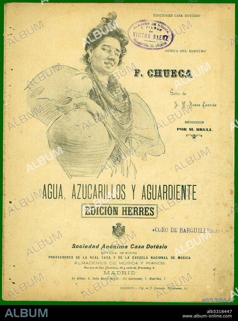 Partitura musical de la zarzuela Agua, azucarillos y aguardiente, de Federico Chueca. Años 1910.