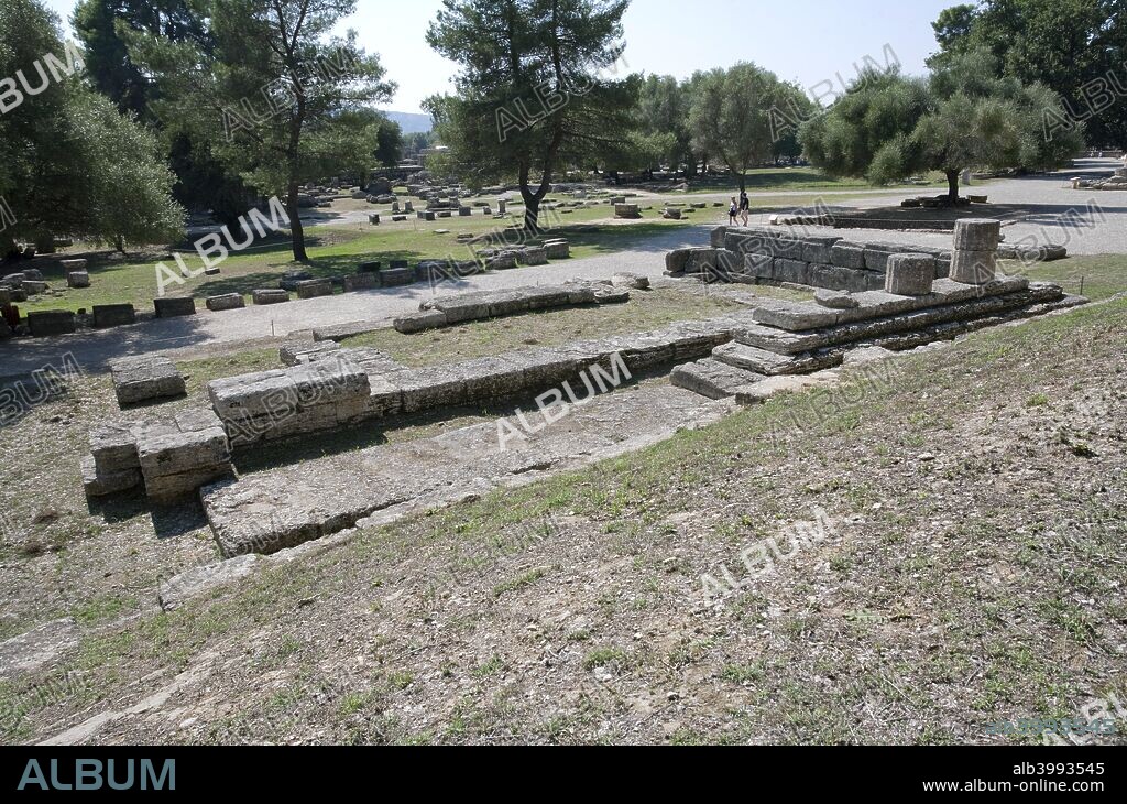 Temple of The Mother (Metroon), Olympia, Greece. This late 4th/early 3rd century BC Metroon is situated immediately below the terrace which houses the Treasuries. Olympia, a sanctuary of ancient Greece, is probably best known for having been the site of the Olympic Games in classical times.