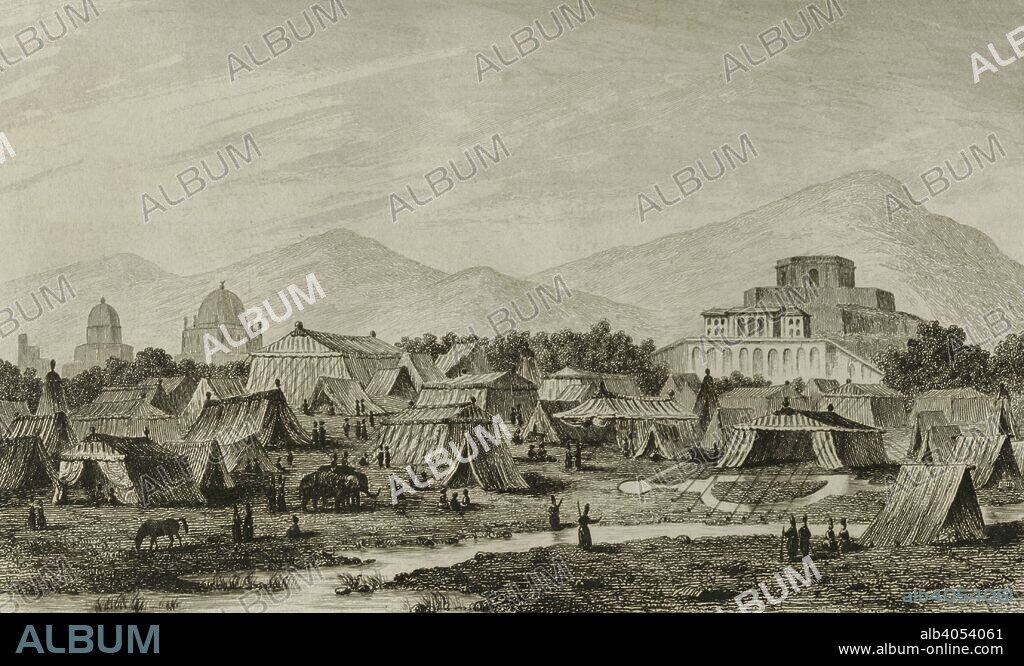 Persia. Soltaniyeh, Zanjan Province. The capital of the Ilkhanate rulers of Persia during the 14th century. Camp in Soltaniyeh. Engraving by Ale_s. Panorama Universal. History of Persia, 1851.