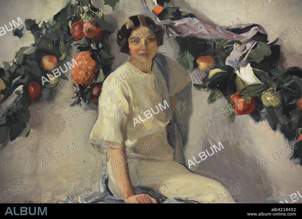 Joaquín Sorolla y Bastida (1863-1923). Pintor español. Guirnalda de Frutos Valencianos, Laurel y Flores que recogen entre su mujer y sus hijas. Fresco. Detalle de su mujer Clotilde. Comedor. Museo Sorolla. Madrid. España.