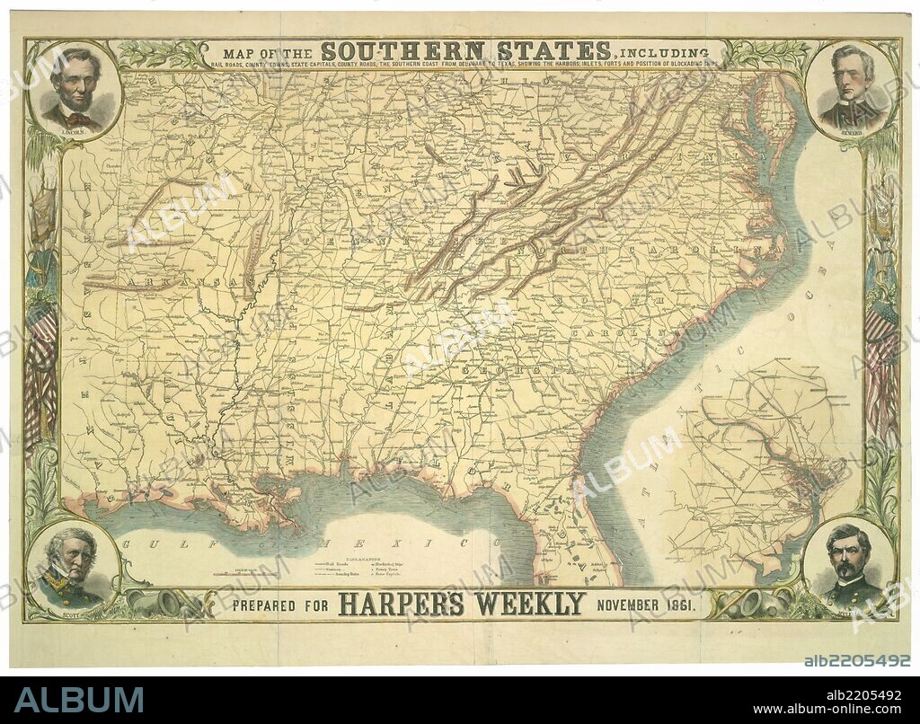 Map of the southern states, including rail roads, county towns, state capitals, county roads, the southern coast from Delaware to Texas, showing the harbors, inlets, forts, and position of blockading ships; portraits of Lincoln, Seward, Scott, and McClellan and inset map of Washington, D.C. and environs.