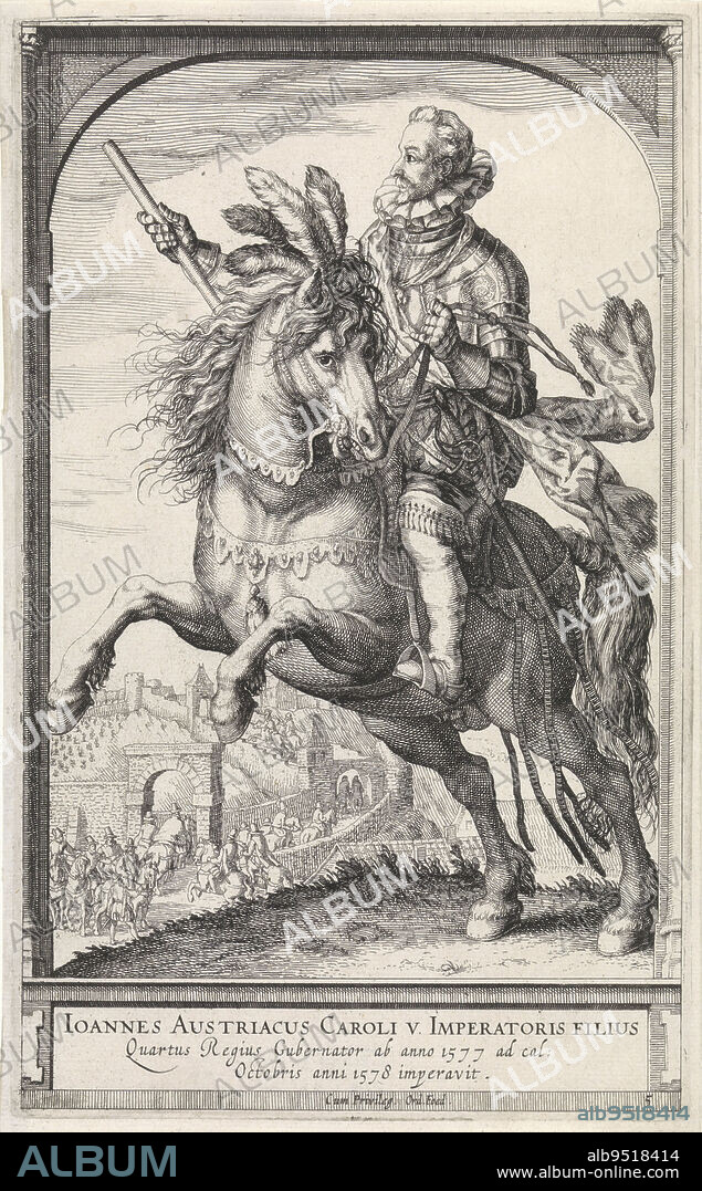Don Juan of Austria, governor of the Netherlands, on horseback. To the left. He has a staff in his hand. In the background the conquest of the citadel of Namur. The print has a Latin caption and is part of a series of equestrian portraits of Dutch governors, Equestrian portrait of Don Juan of Austria Ioannes Austriacus Caroli V imperatoris Filius, Governors of the Netherlands (title series)., print maker: Hessel Gerritsz, (attributed to), print maker: Christoffel van Sichem (II), (rejected attribution), publisher: Willem Janszoon Blaeu, (possibly), Amsterdam, 1591 - 1632, paper, etching, w 157 mm × h 254 mm.