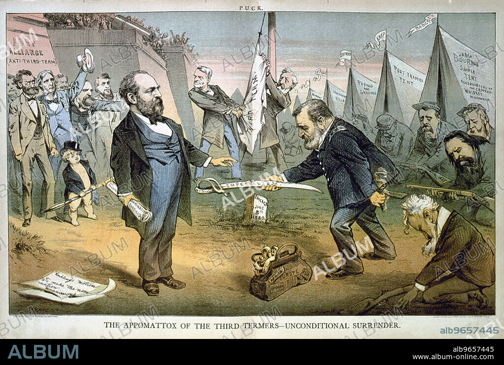 "The Appomattox of Third Termers, Unconditional Surrender", Political Cartoon featuring Ulysses S. Grant and James A. Garfield after Grant's defeat for the Republican Nomination for President, Puck Magazine, 1880.