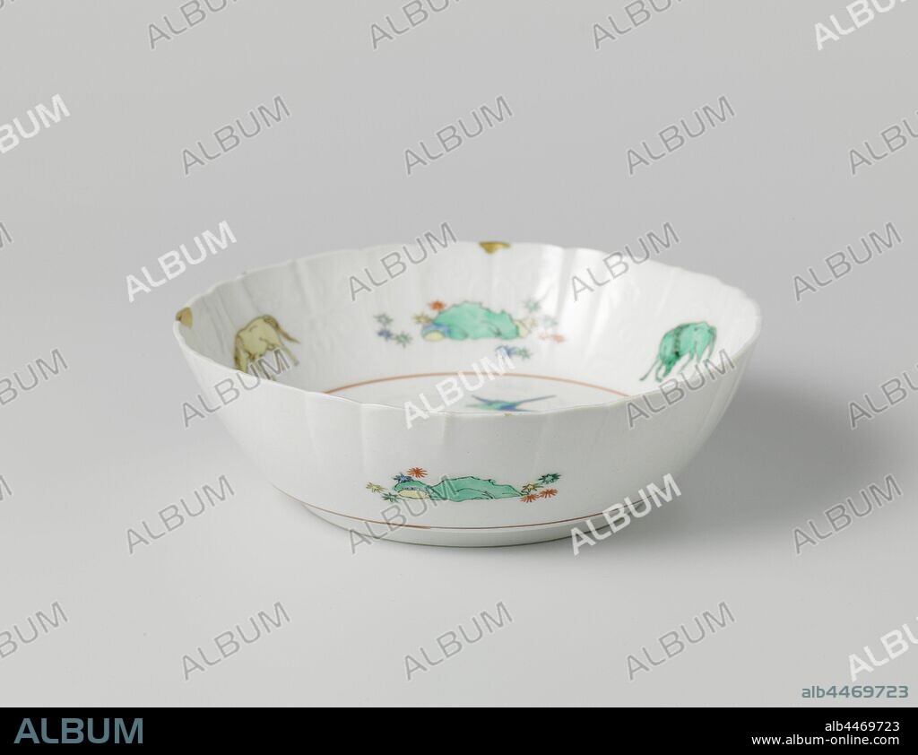 Bowl with floral scrolls in relief, horses and flowering plants, Porcelain bowl with a ribbed wall and a scalloped edge. On the inner wall a relief decoration of floral scrolls. Alternately a rock and a horse. On the bottom a pain and prunus branch with a rock and a flying bird. Three times a rock on the outside wall. Three gold lacquer repairs in the rim. Arita, Kakiemon style., anonymous, Japan, c. 1700 - c. 1799, Edo-period (1600-1868), porcelain (material), glaze, vitrification, h 5.7 cm d 19 cm d 11.6 cm.