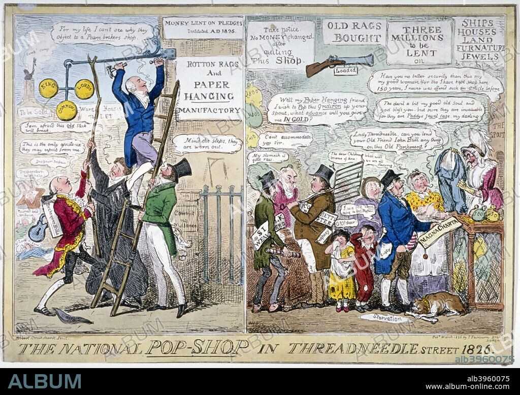 'The national pop-shop in Threadneedle Street', 1826. Two designs side by side. On the left is the exterior of a pawnshop (representing the Bank of England) and on the right is the interior.