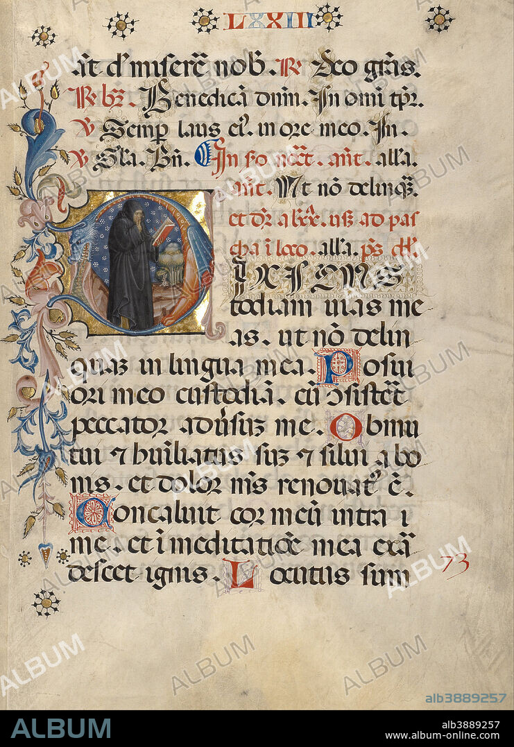 UNKNOWN. Initial D: A Monk with his Finger to his Lips. Date/Period: Ca. 1420. Detached leaf. Tempera colors, gold leaf, and ink on parchment. Height: 465 mm (18.30 in); Width: 346 mm (13.62 in).