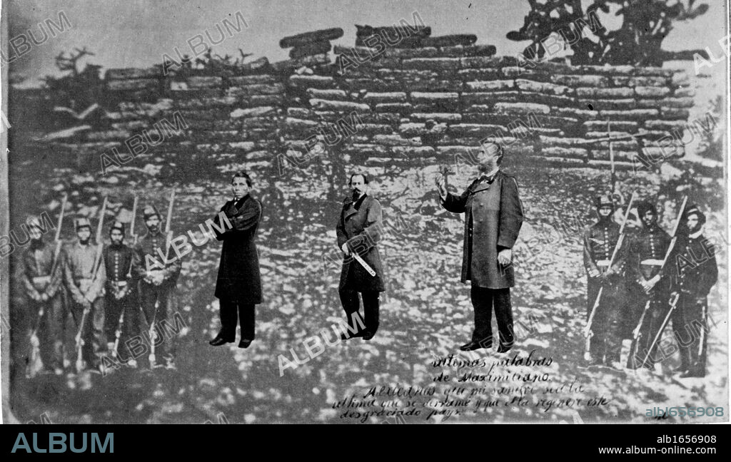 Maximilian I of Mexico (1832 - 1867), Tomas Mejia, and Miguel Miramon and firing squad, superimposed on photograph of their place of execution, at Queretaro. Maximilian. Emperor of Mexico (1864-1867).